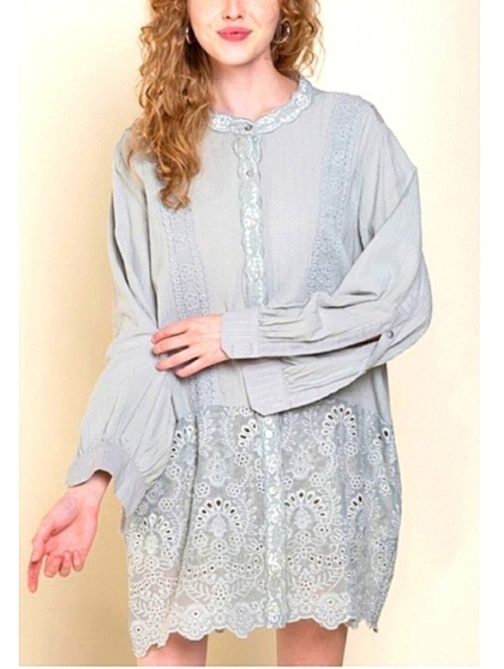 Light Grey Lace Trim Tunic Dress By POL - size L - Picture 2 of 13